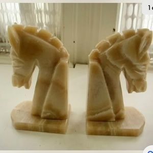 Vintage Pair of Greenish Beige Onyx Horse Bookends
